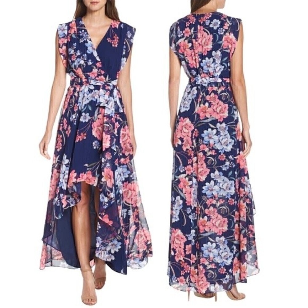 New! Eliza J Floral Faux Wrap Pleated Chiffon Maxi Dress